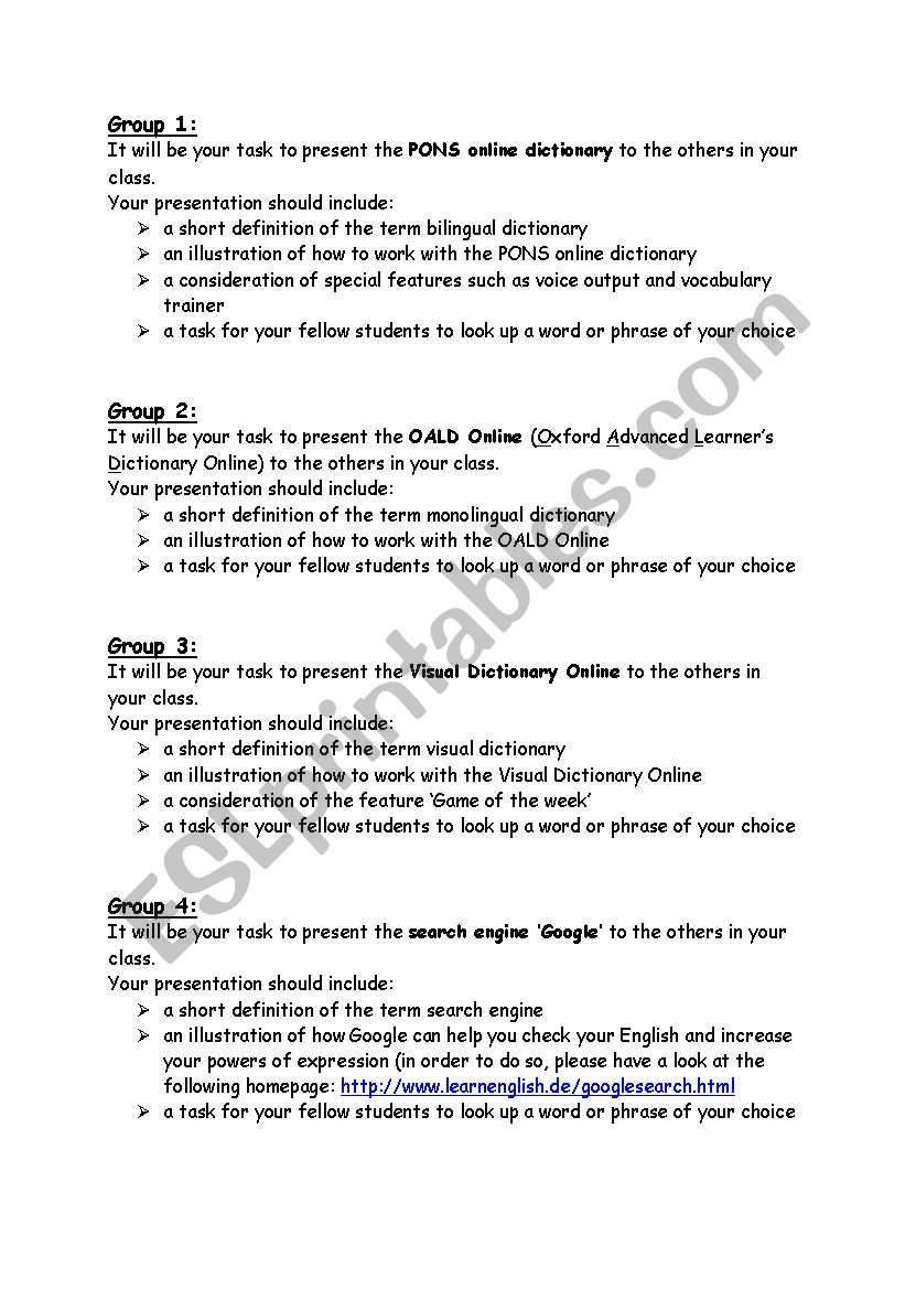 online dictionaries worksheet