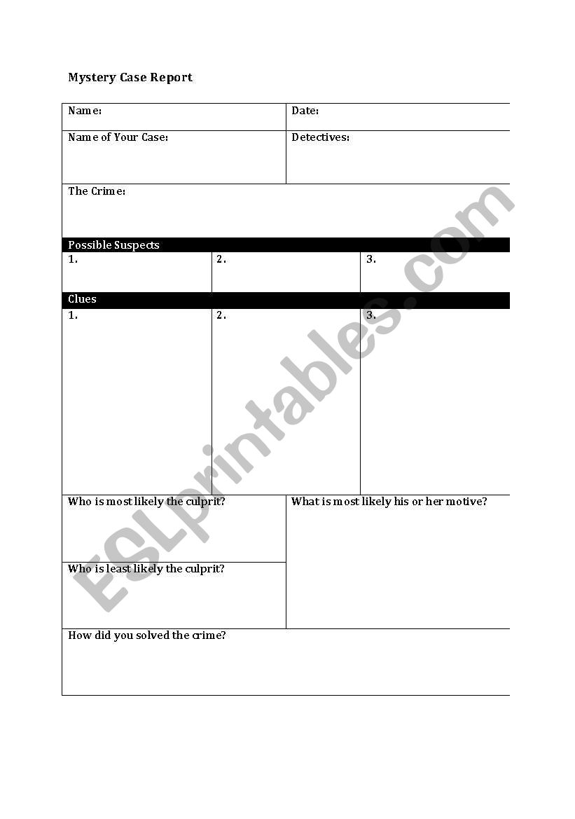 Mystery Case Report worksheet