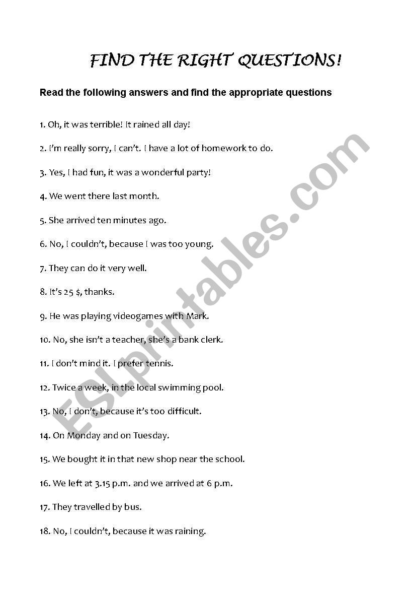 FIND THE QUESTIONS worksheet