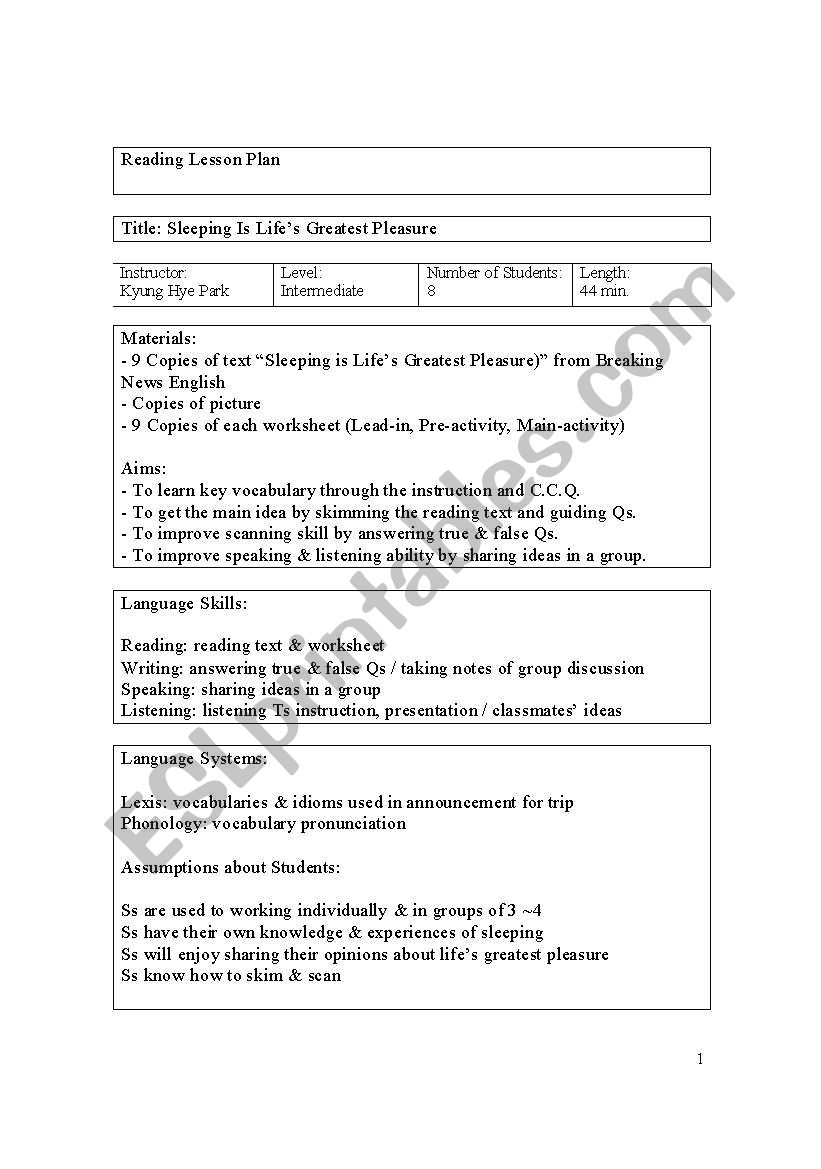 English worksheets: Sleeping Is Life¡¯s Greatest Pleasure(Reading ...