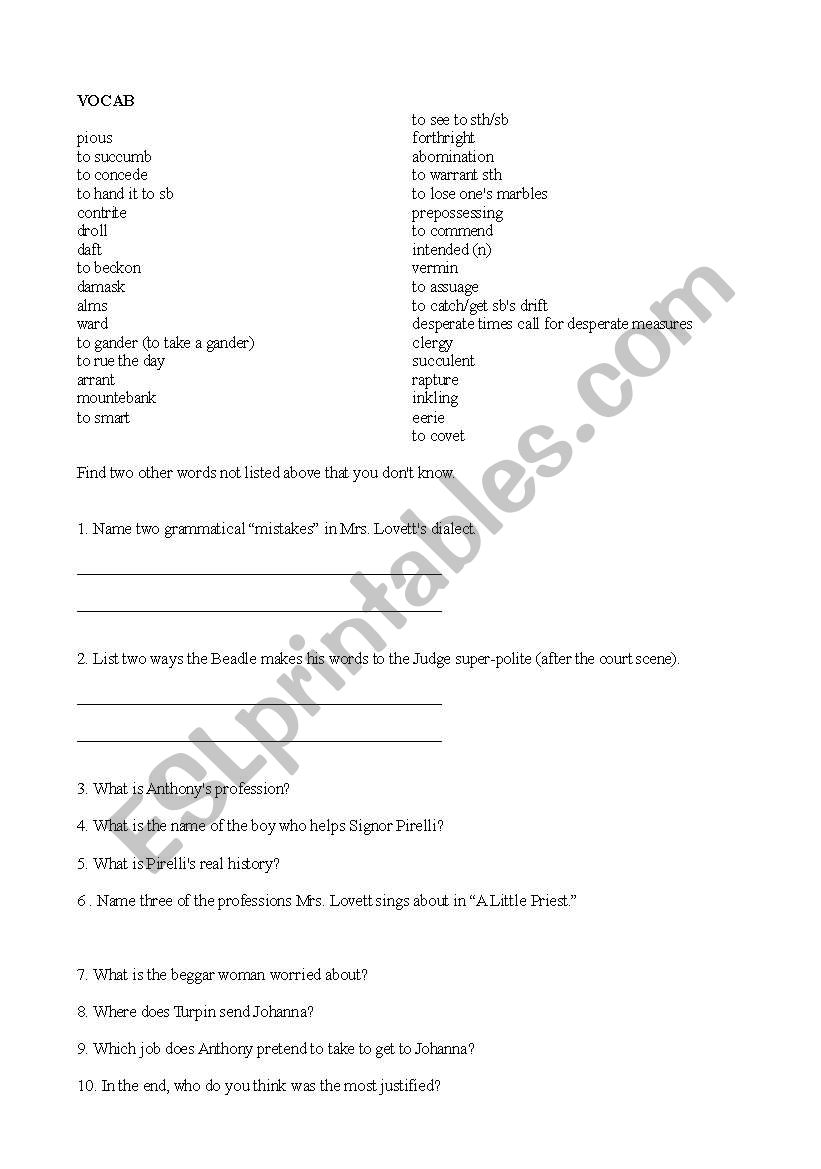 Sweeney Todd worksheet