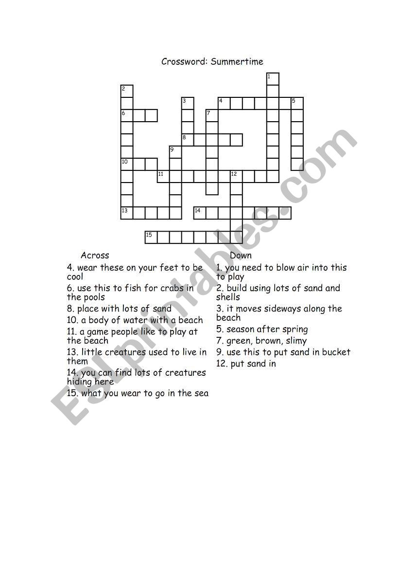crossword summer time worksheet