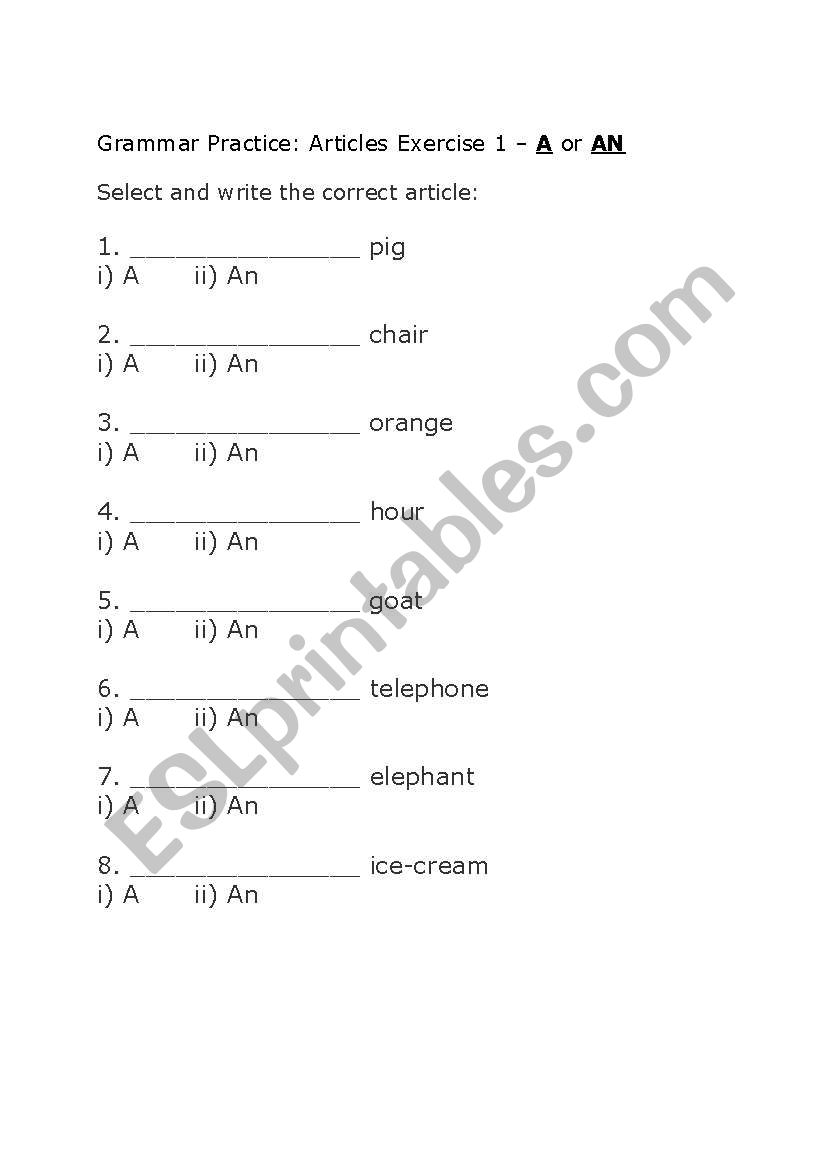 Artciles Practice on A or AN worksheet