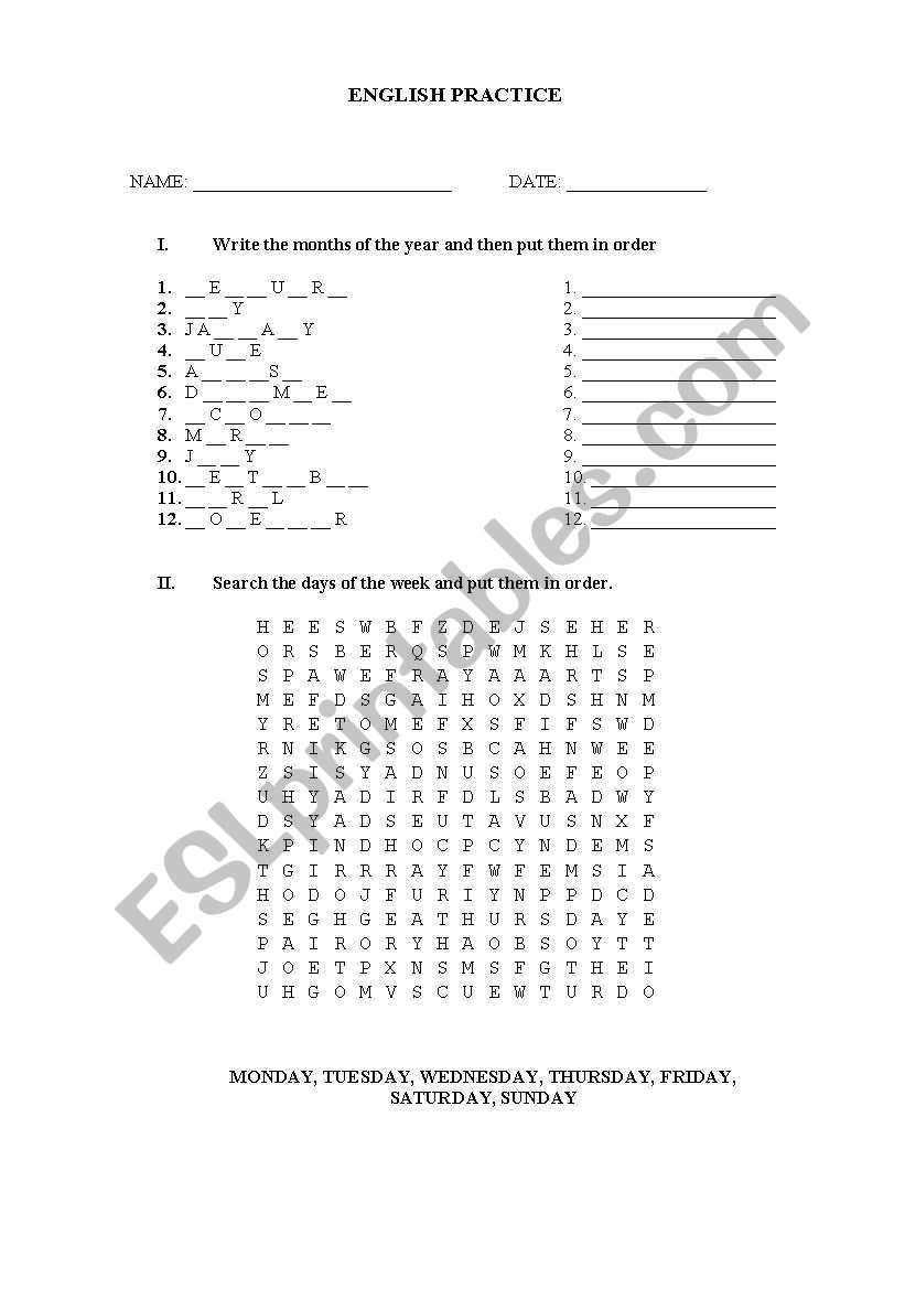 DAYS AND MONTHS worksheet