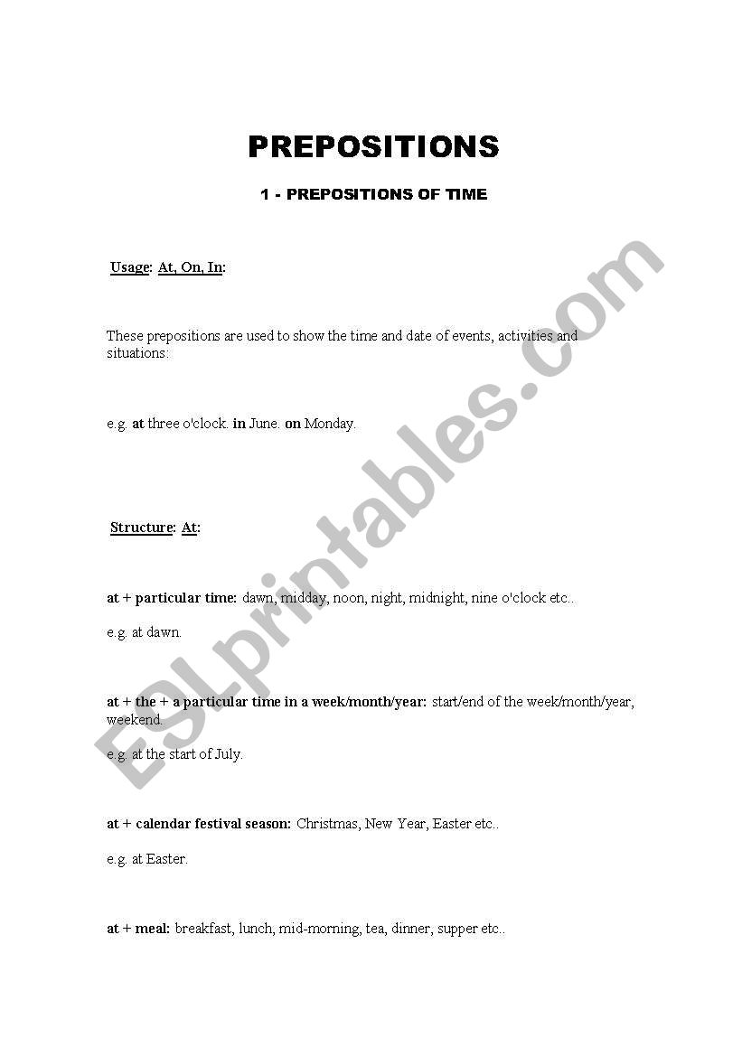 Preposition of time worksheet