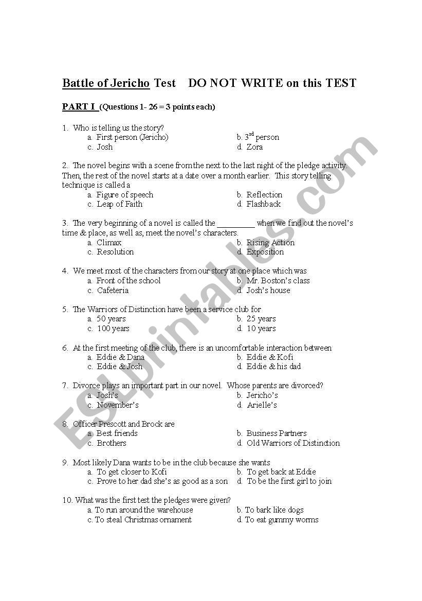 Battle of Jericho Test worksheet