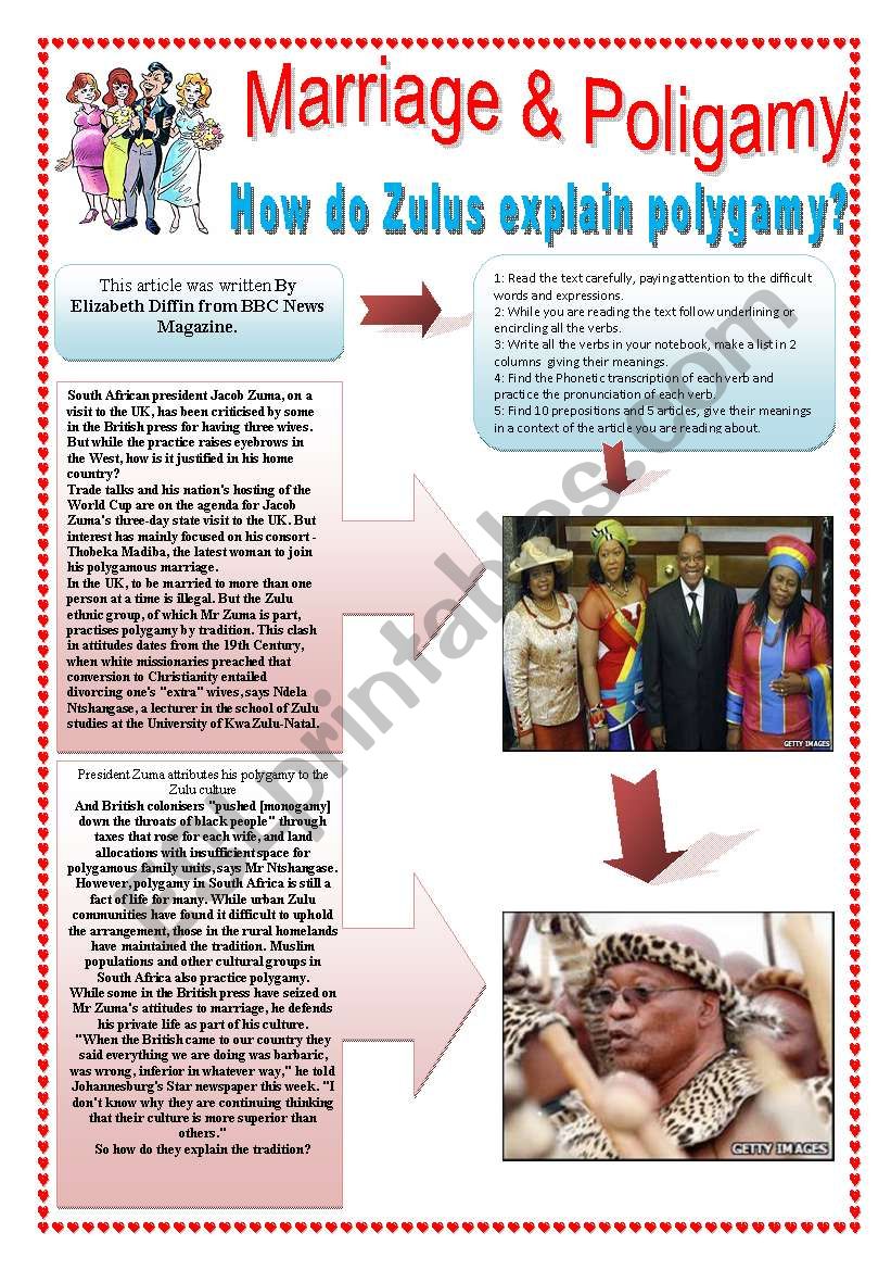 MARRIAGE & POLYGAMY - (4 pages) How do Zulus explain polygamy?  - 10 reading & comprehension activities + 10 extra activities
