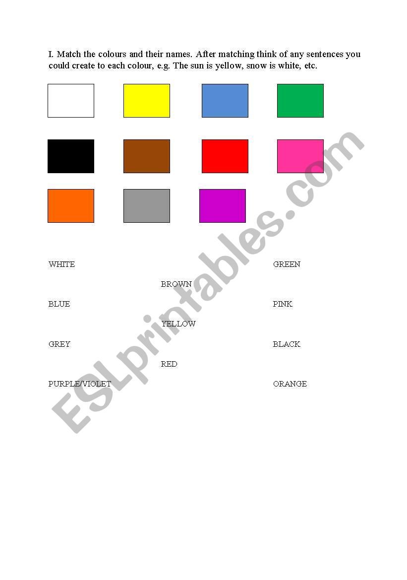 Match the colours worksheet