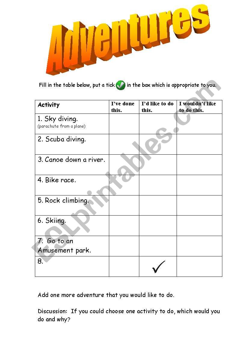 Adventures worksheet