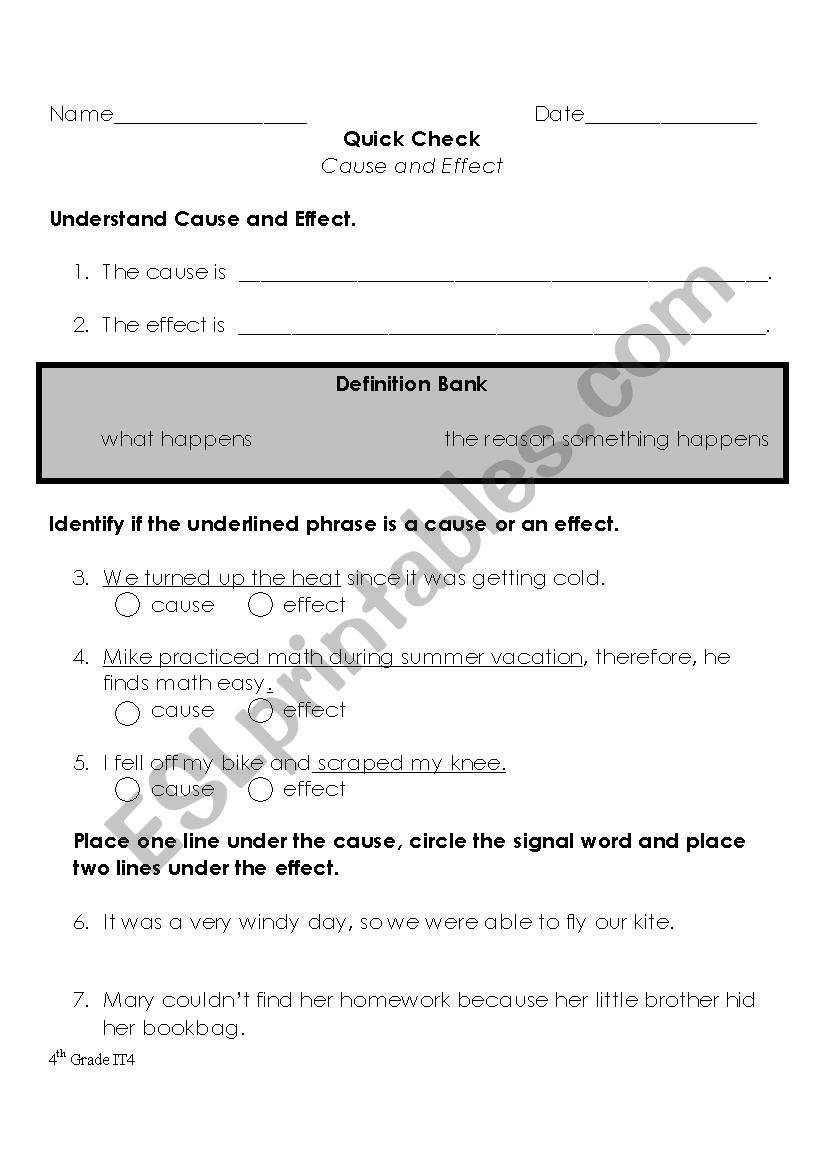 English Worksheets Cause And Effect Assessment