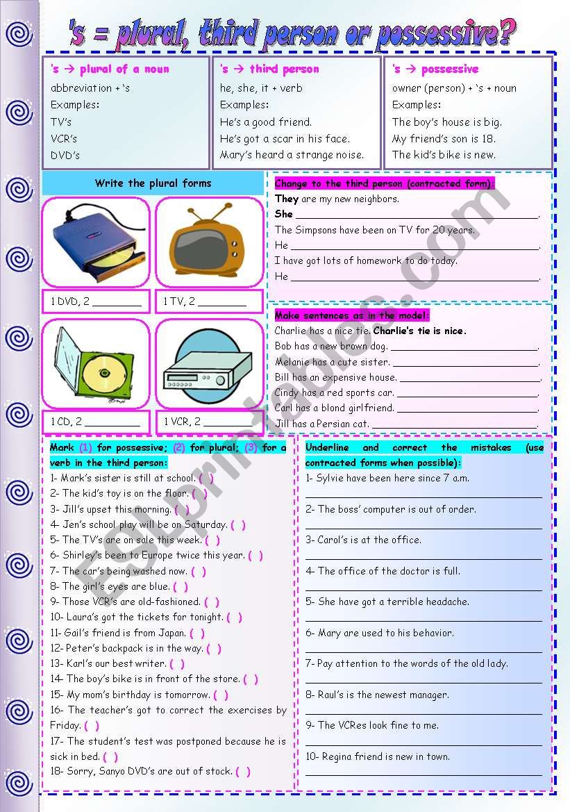 ´s Plural Third Person Or Possessive Grammar Guide And Exercises Fully Editable Esl 