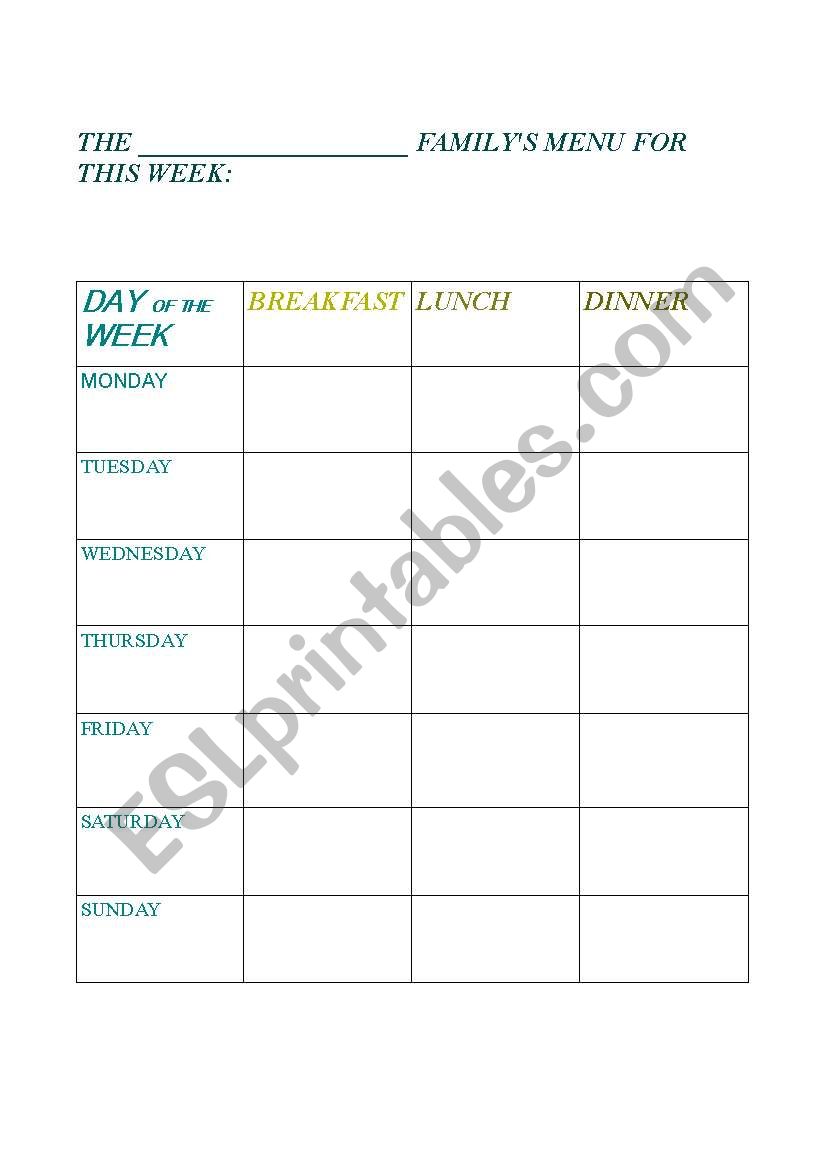 Familys menu worksheet