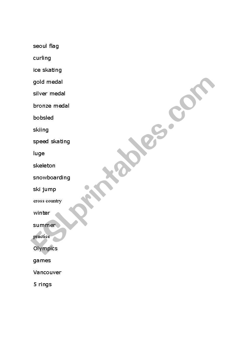 Olympic Bingo word list worksheet