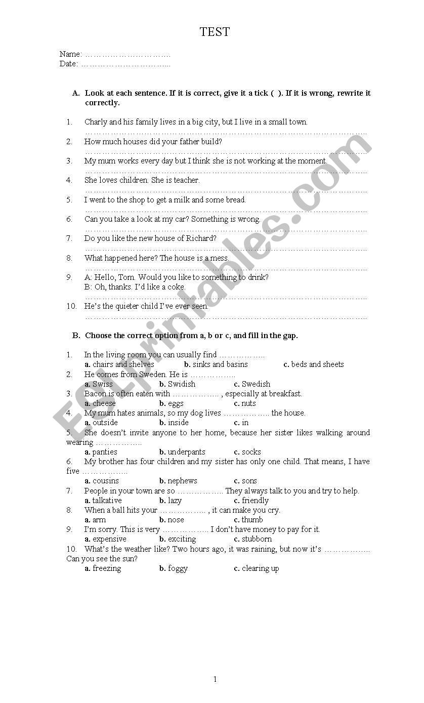 English worksheets: TEST (elementary) (hoja oficio)