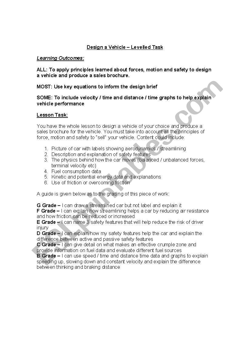 OCR gateway design a vehicle worksheet