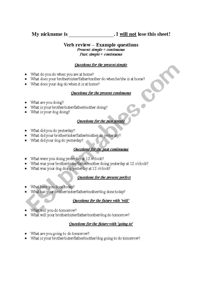 English Worksheets 7 Tense Question And Answer Sheets