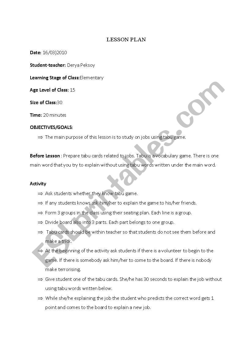 a lesson plan about jobs  worksheet