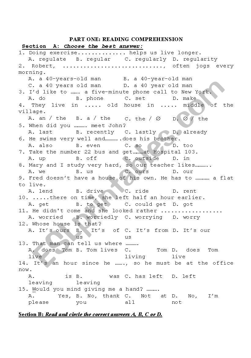 tests for pre-intermidiate worksheet