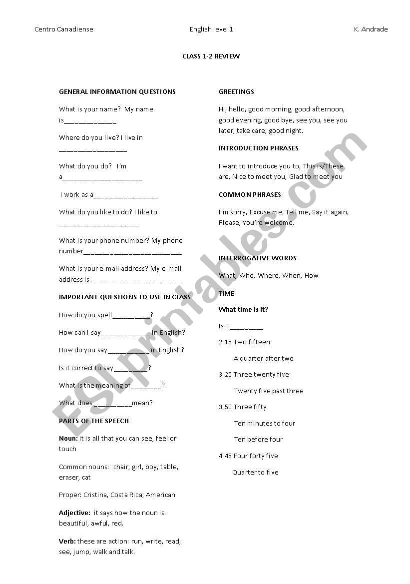 General information worksheet