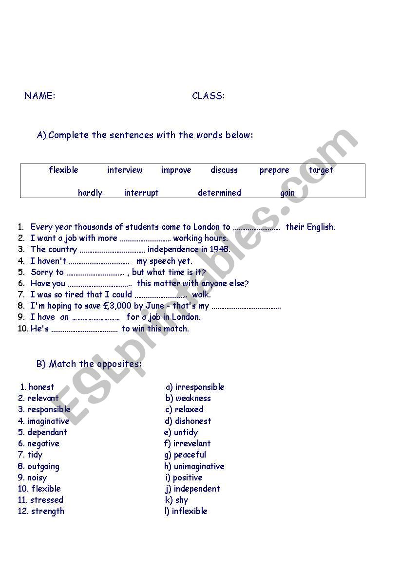 vocabulary quiz worksheet