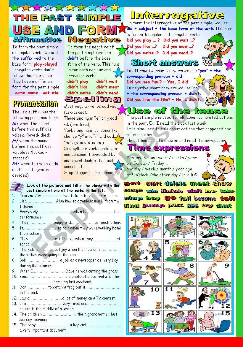 THE PAST SIMPLE TENSE - GRAMMAR AND EXERCISES - TWO PAGES ( B&W VERSION AND KEY INCLUDED)