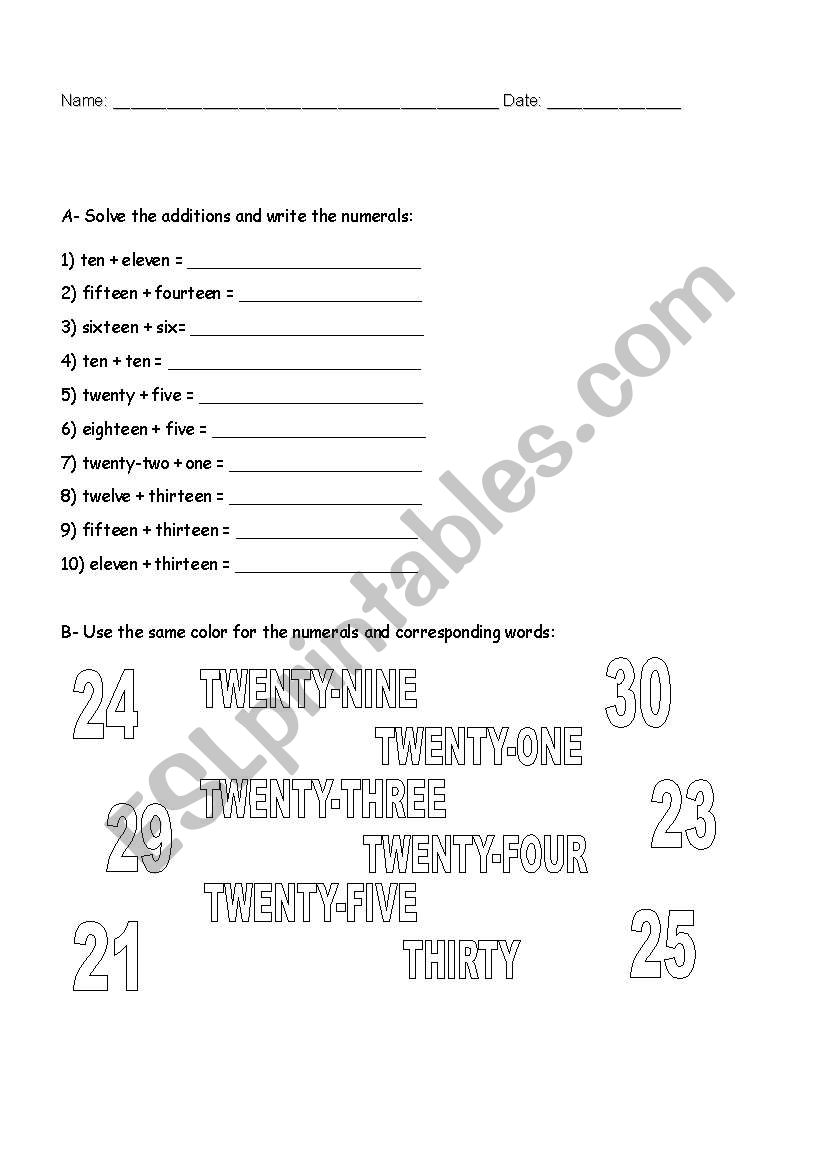 Numbers 20 30 ESL Worksheet By Sandrarenatad