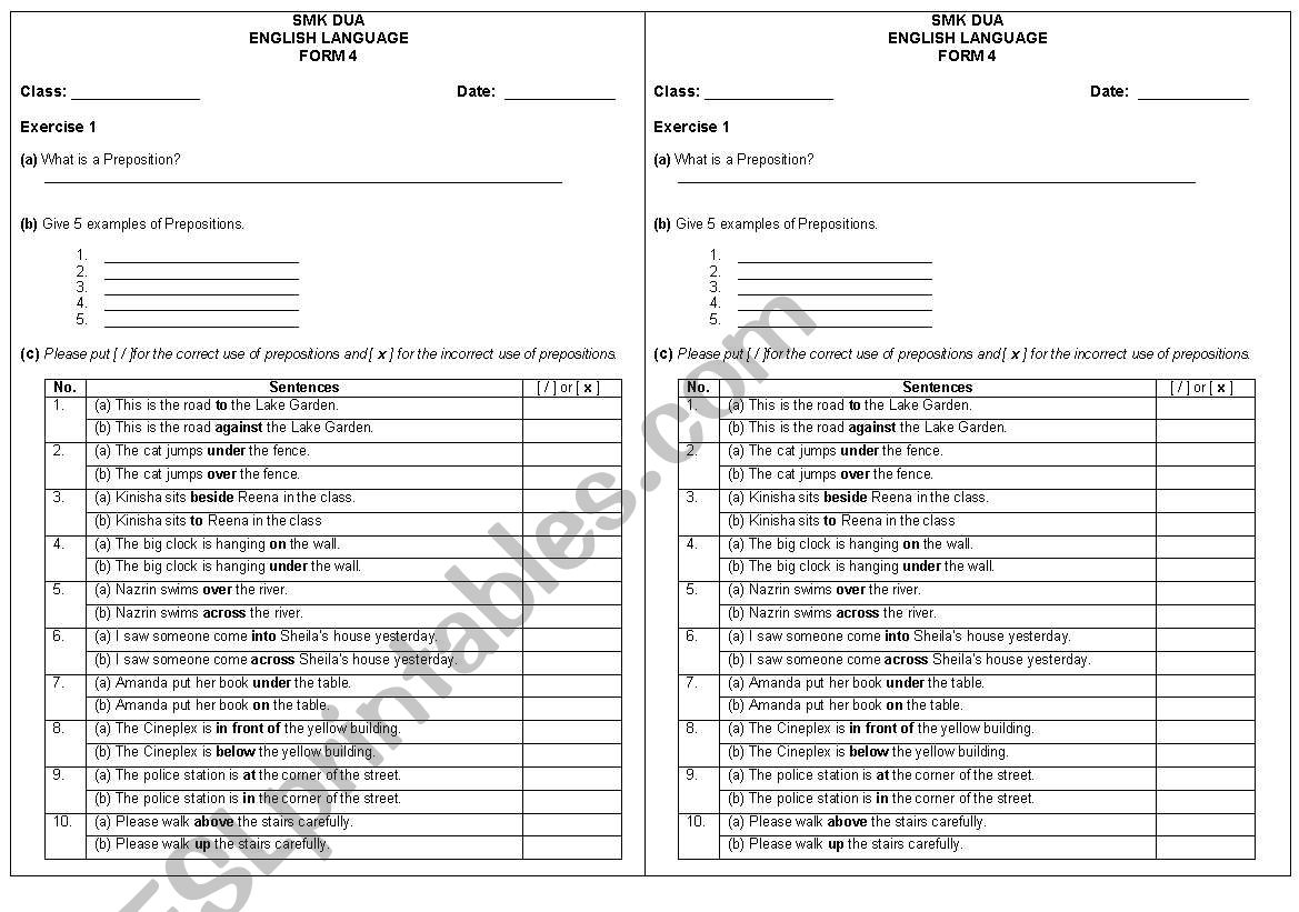 Preposition exercises worksheet