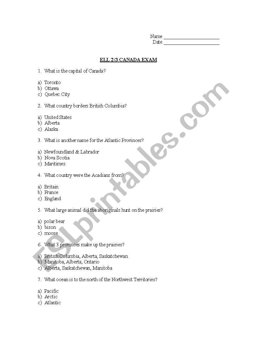 Canada Exam worksheet