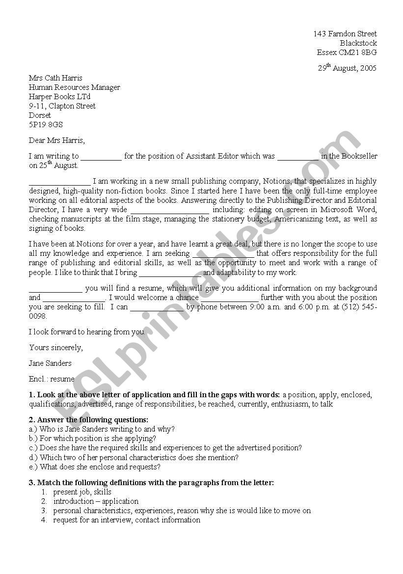 Letter Of Application ESL Worksheet By MissKlavdija