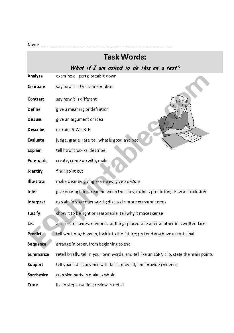 Task Vocabulary for Tests worksheet