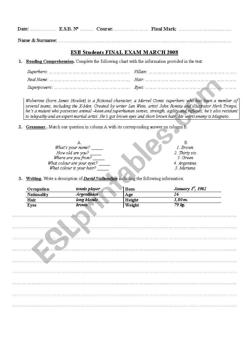 Exam ESB Students worksheet