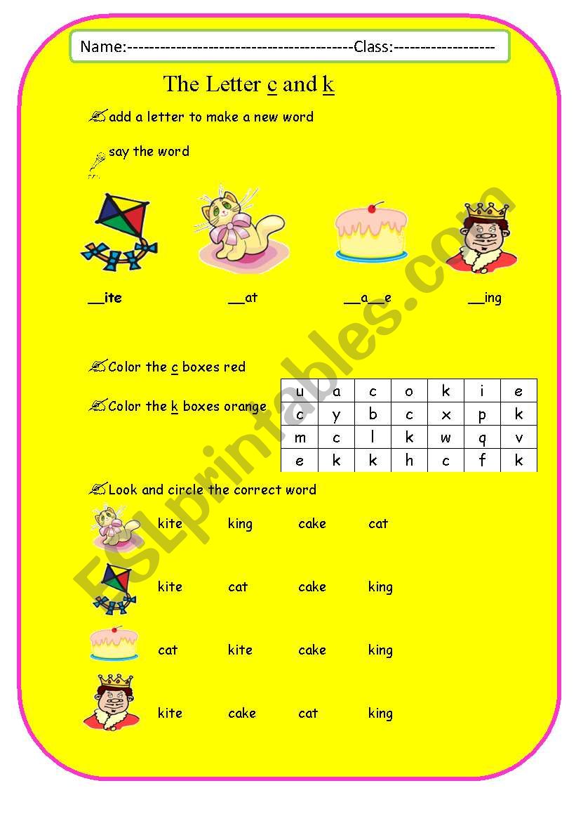 English worksheets: letter k and c