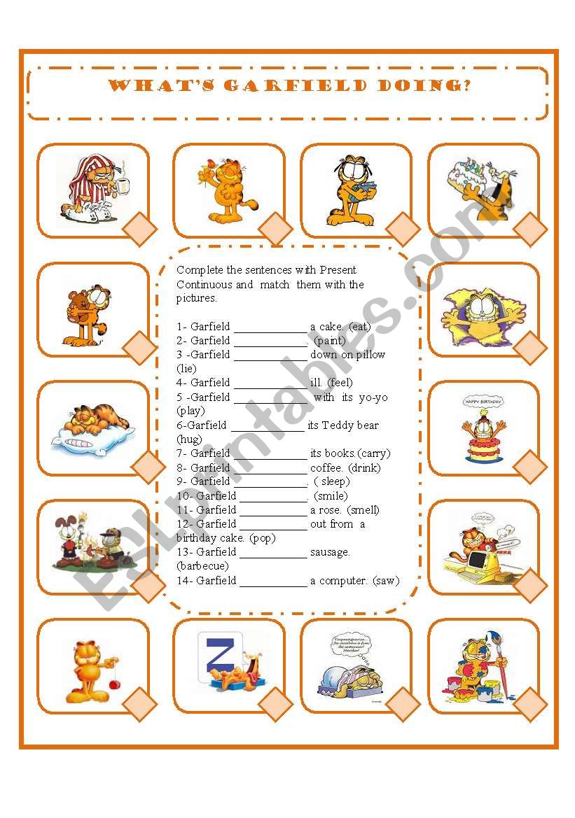 WHAT´S GARFIELD DOING? - PRESENT CONTINUOUS - AFFIRMATIVE FORM - ESL ...