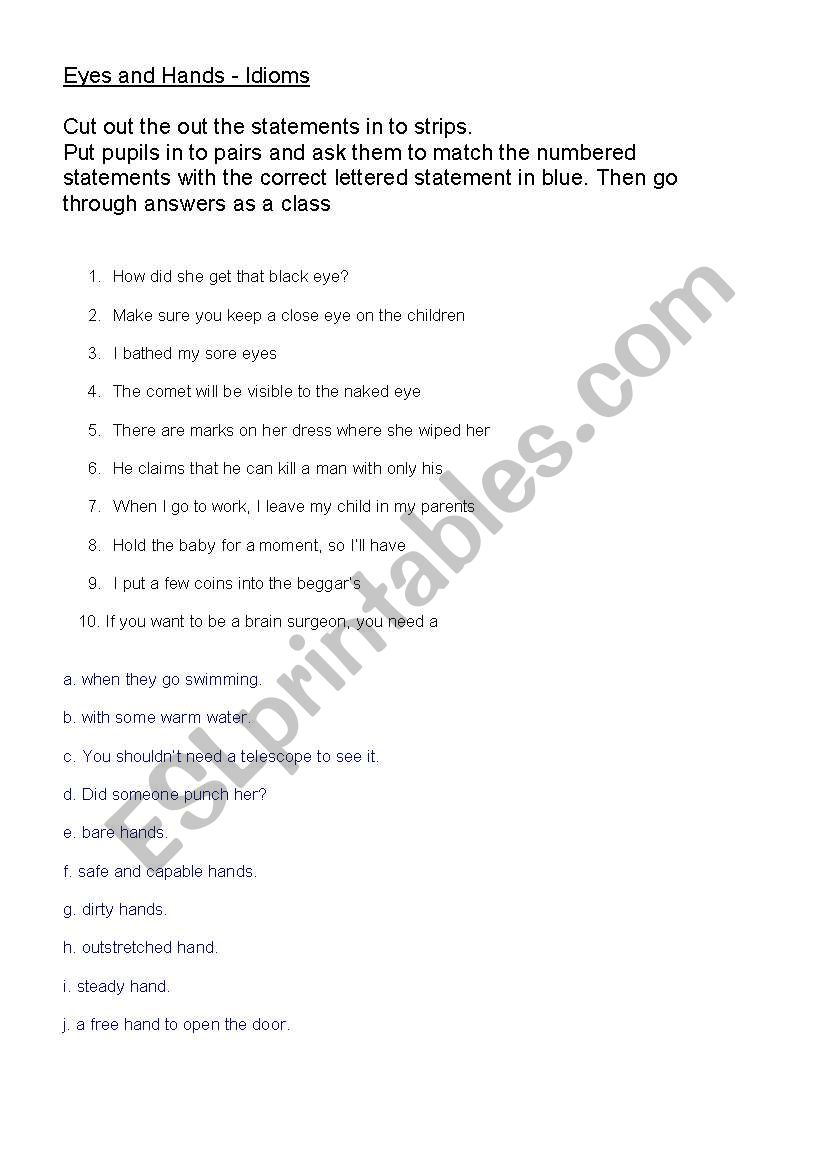 Eyes and Hands Idioms worksheet