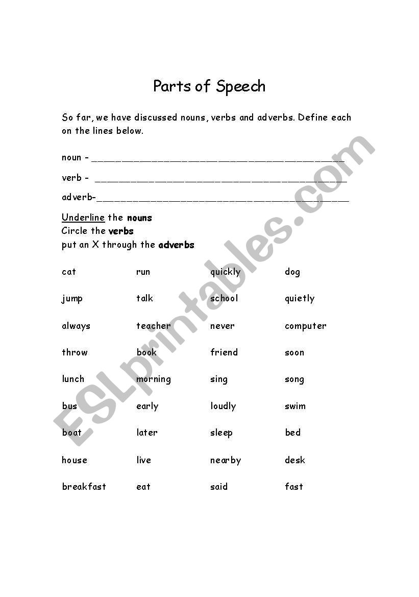 noun, verb or adverb worksheet