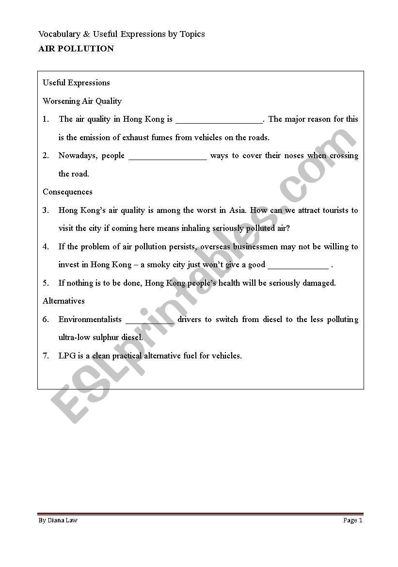 air pollution worksheet