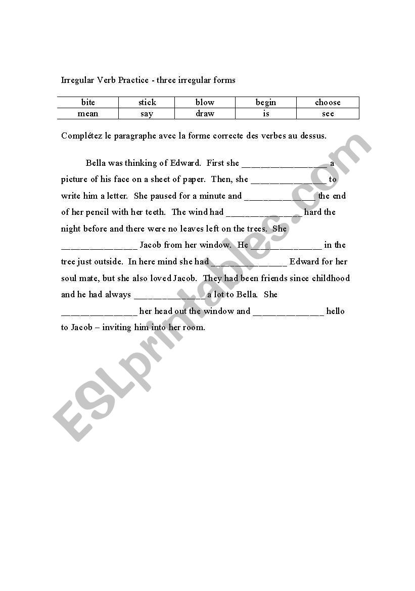 Irregular Verb exercise worksheet