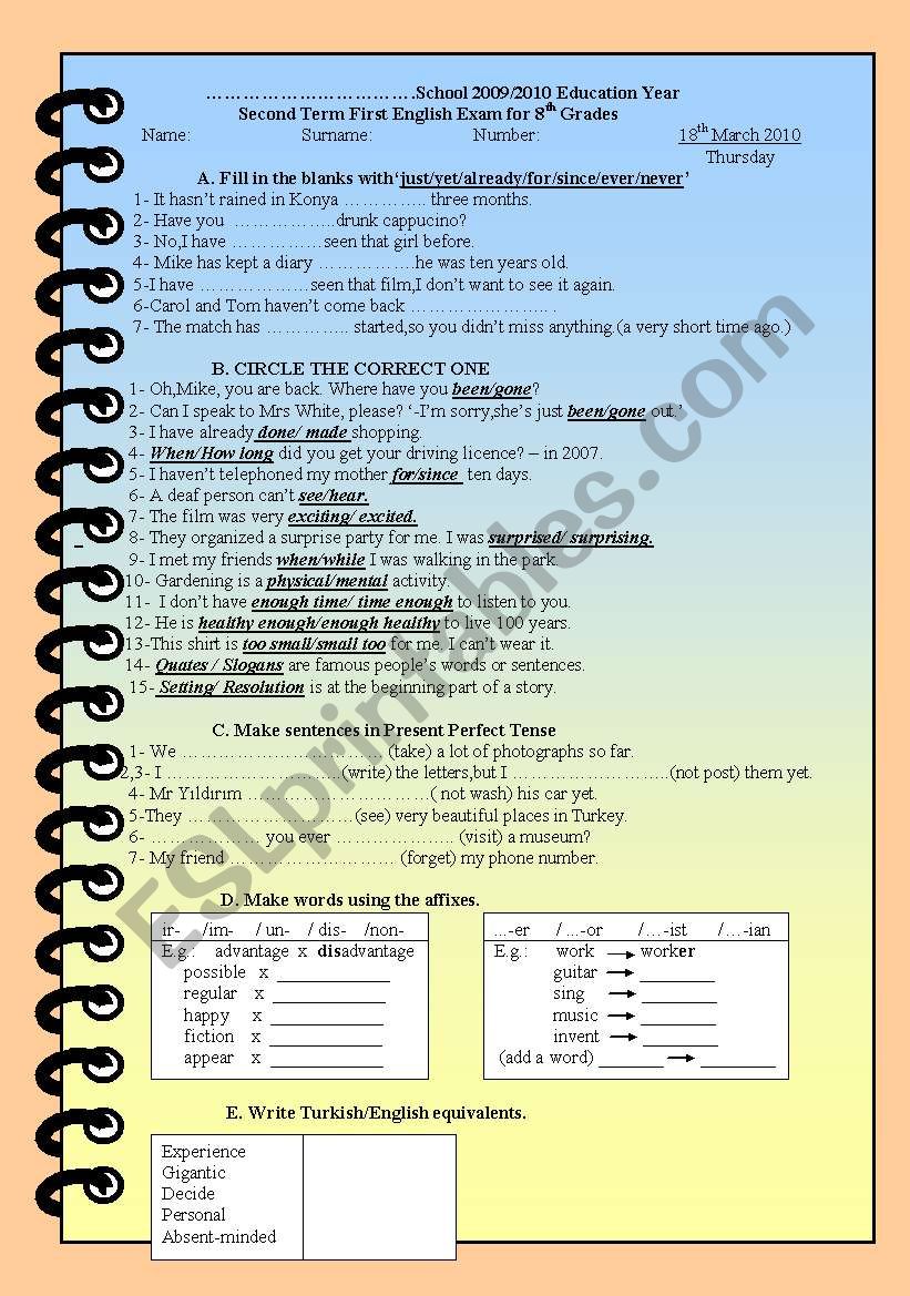 Exam for 8th grades worksheet