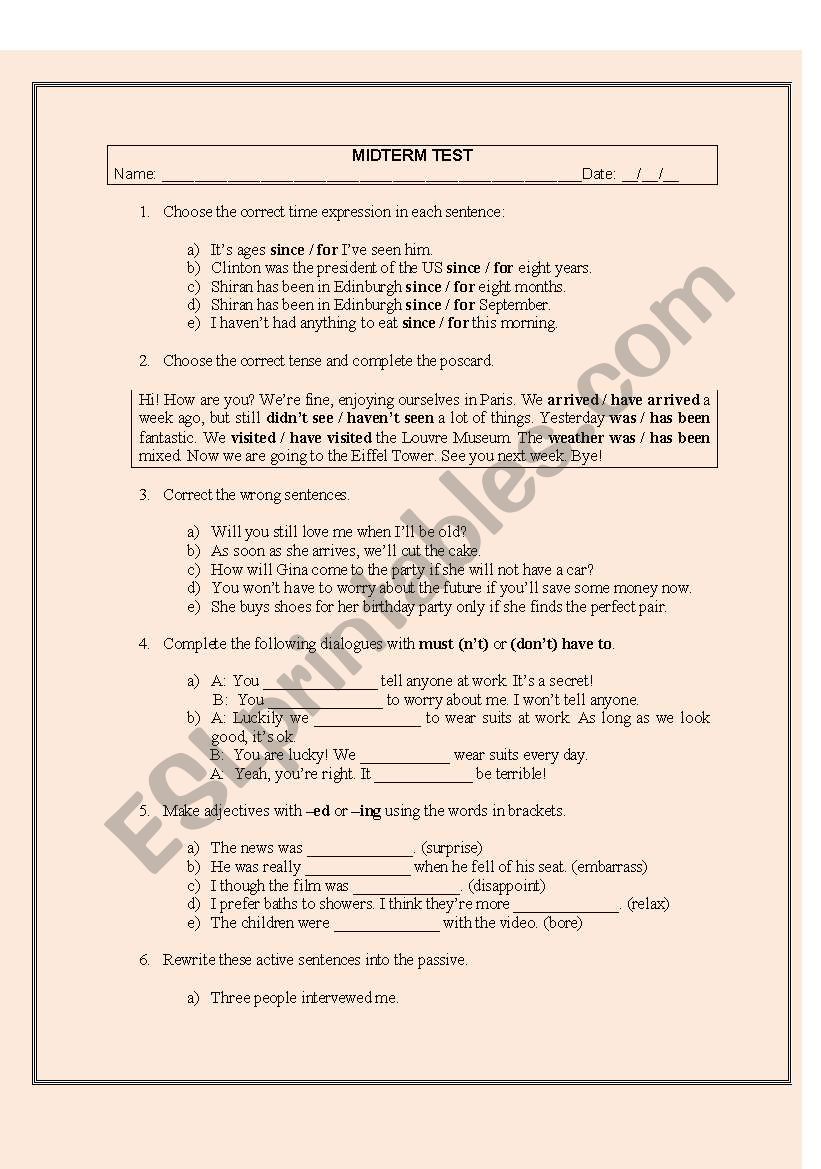 Midterm test intermediate level