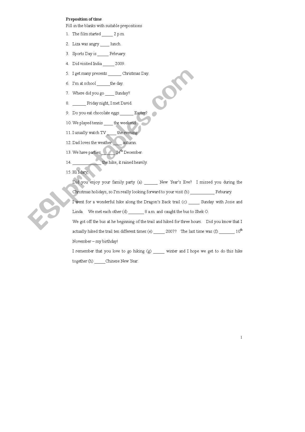 Preposition of time worksheet