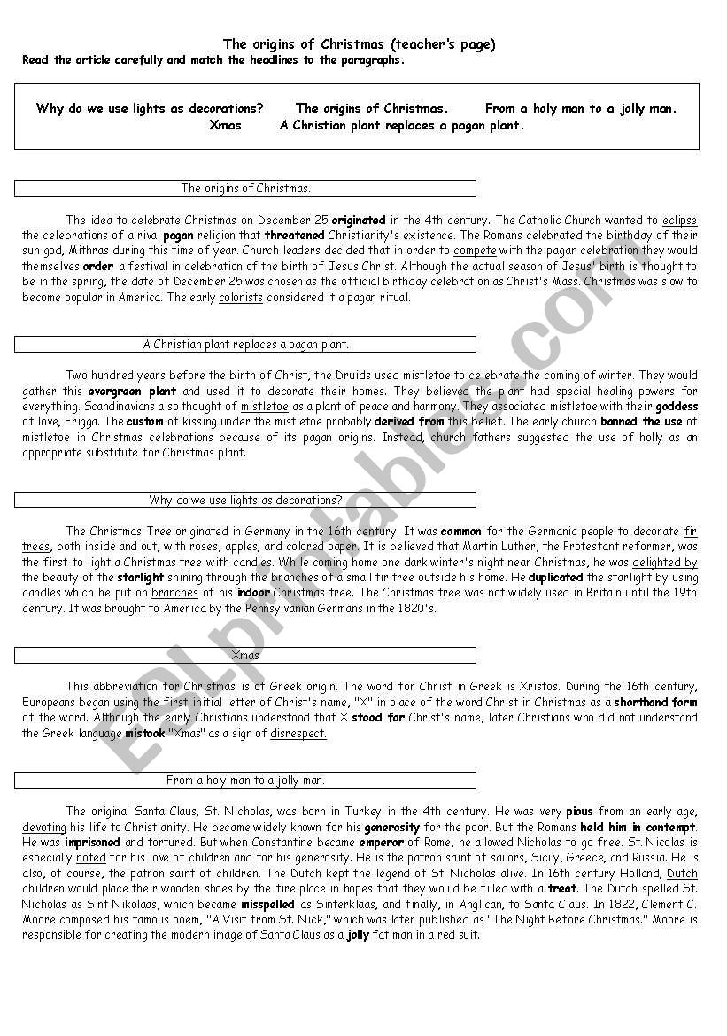 The origins of Christmas worksheet