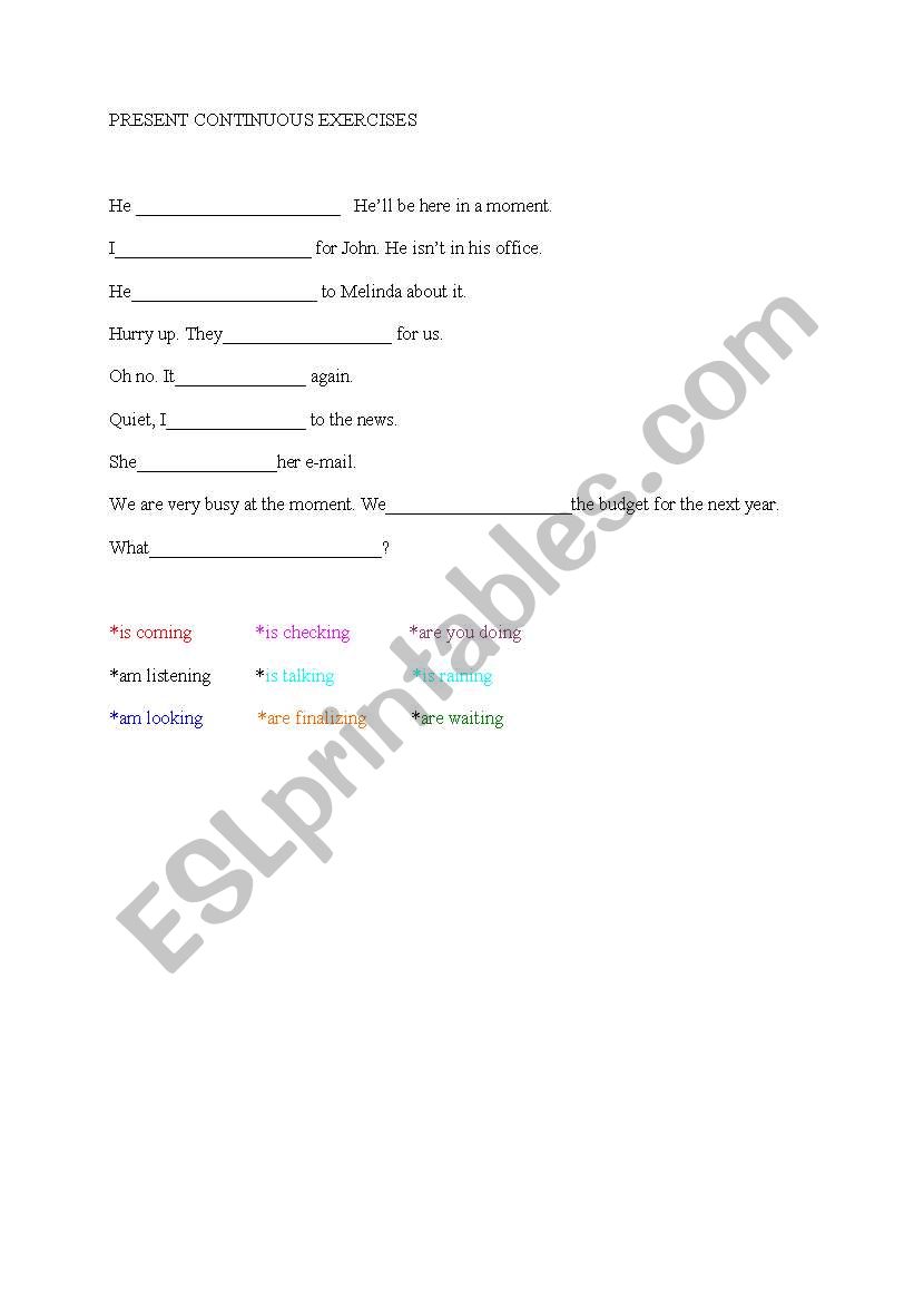 Present Continuous Exercises worksheet