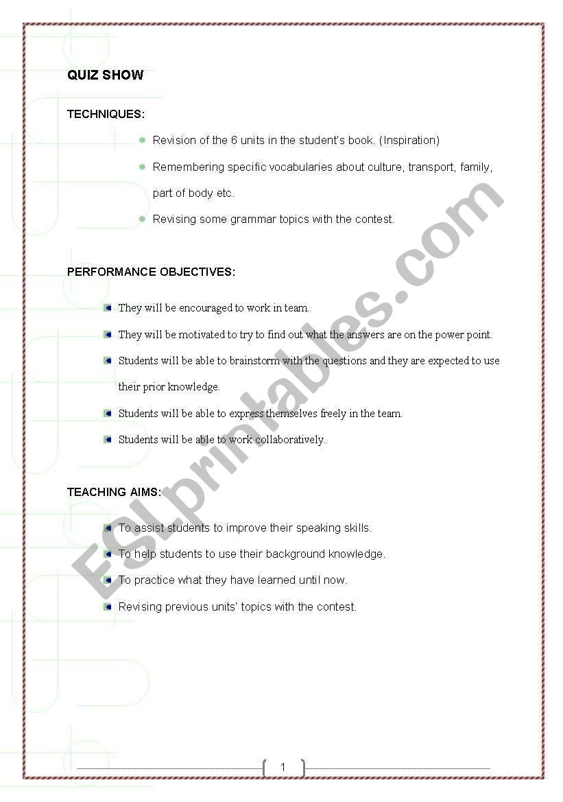 quiz show lesson plan worksheet