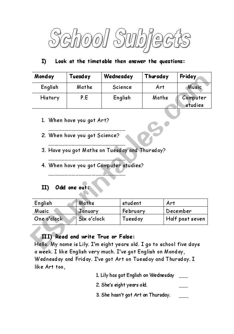 School subjects worksheet
