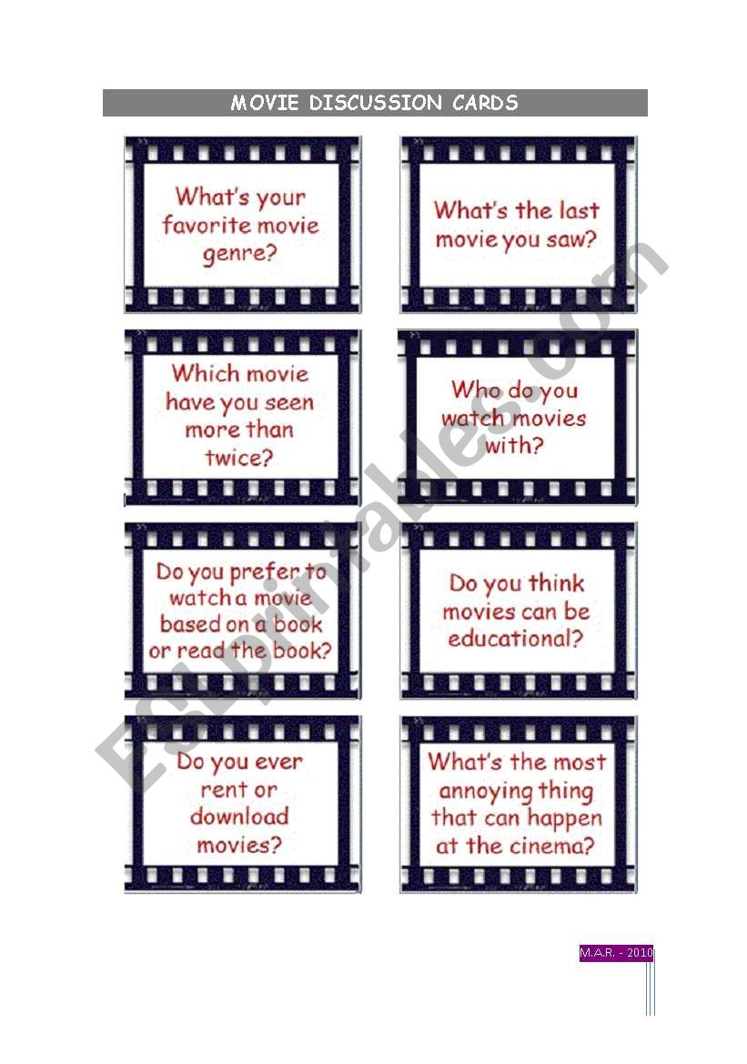 Movies discussion cards worksheet