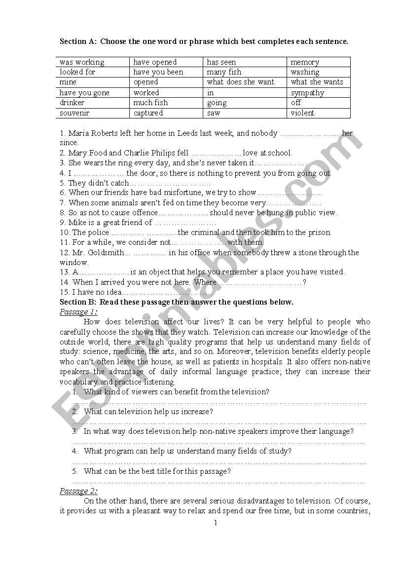 test for intermediate level worksheet