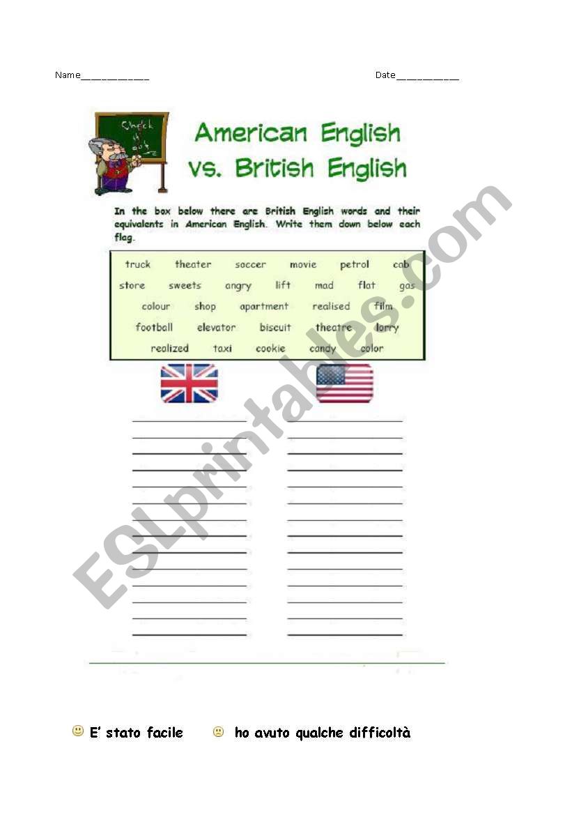 English worksheets: English and American Words