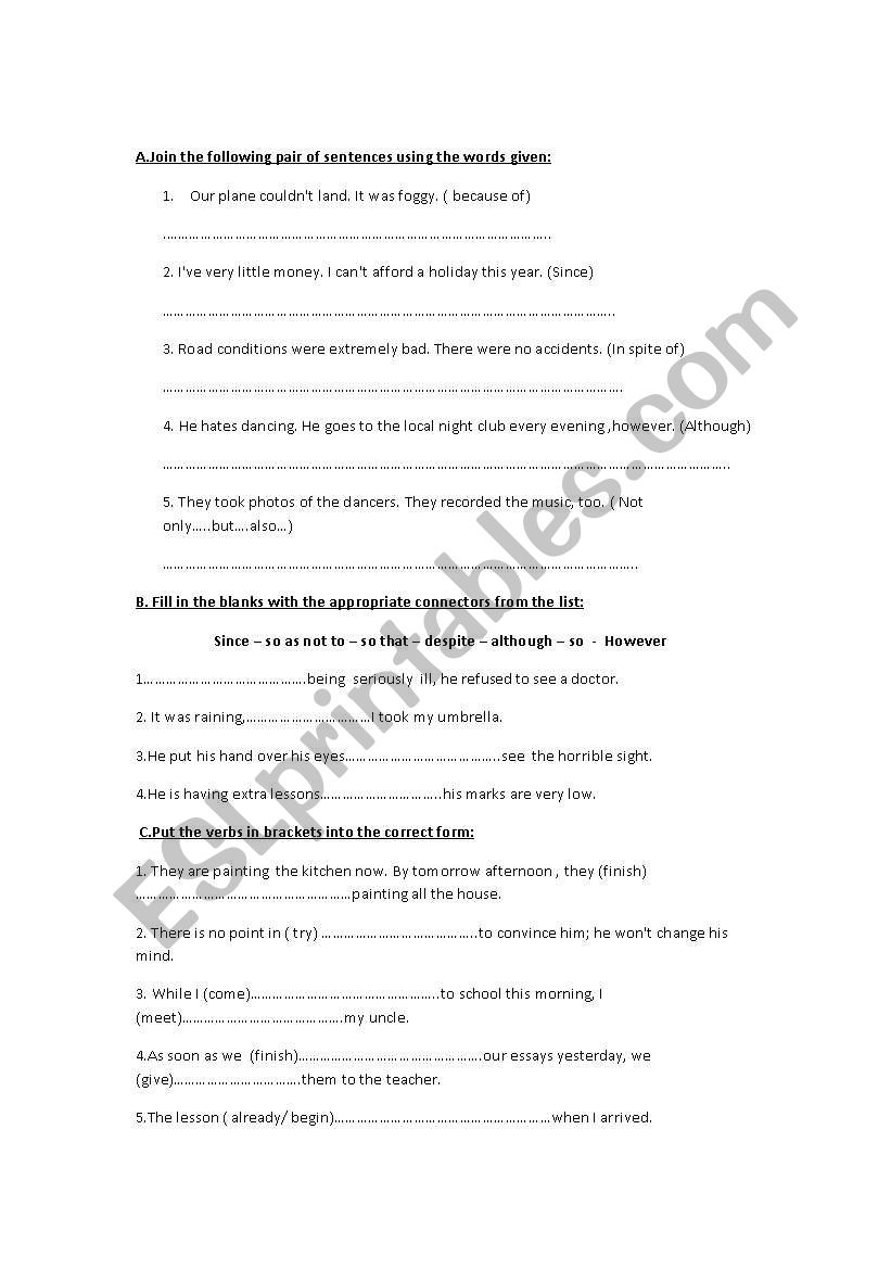 connectors and verb tenses worksheet