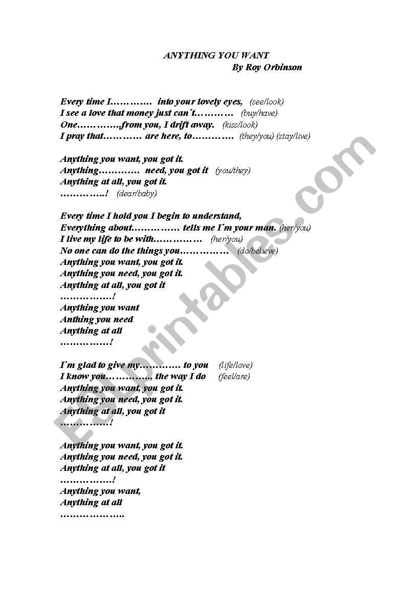 English worksheets: Song: ANYTHING YOU WANT