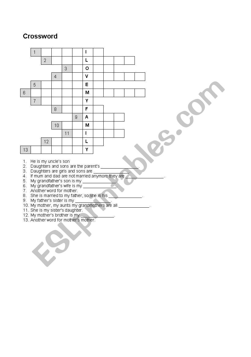 Crosswordpuzzle family worksheet